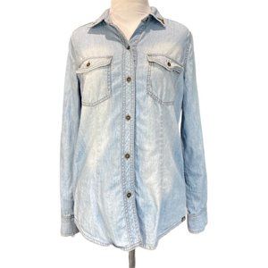 Rock & Republic Womens Button Up Shirt Blue Long Sleeve Collar Pocket Studded XS